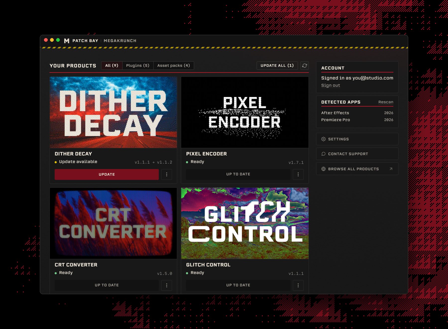 The PATCH BAY window: your plugins as cards with update and install buttons, your account, and the Adobe apps it found.
